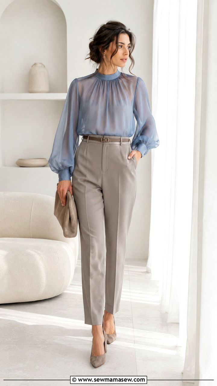 Sheer Blouse with Tailored Neutral Trousers Outfit - 25 Professional outfits for women 2026