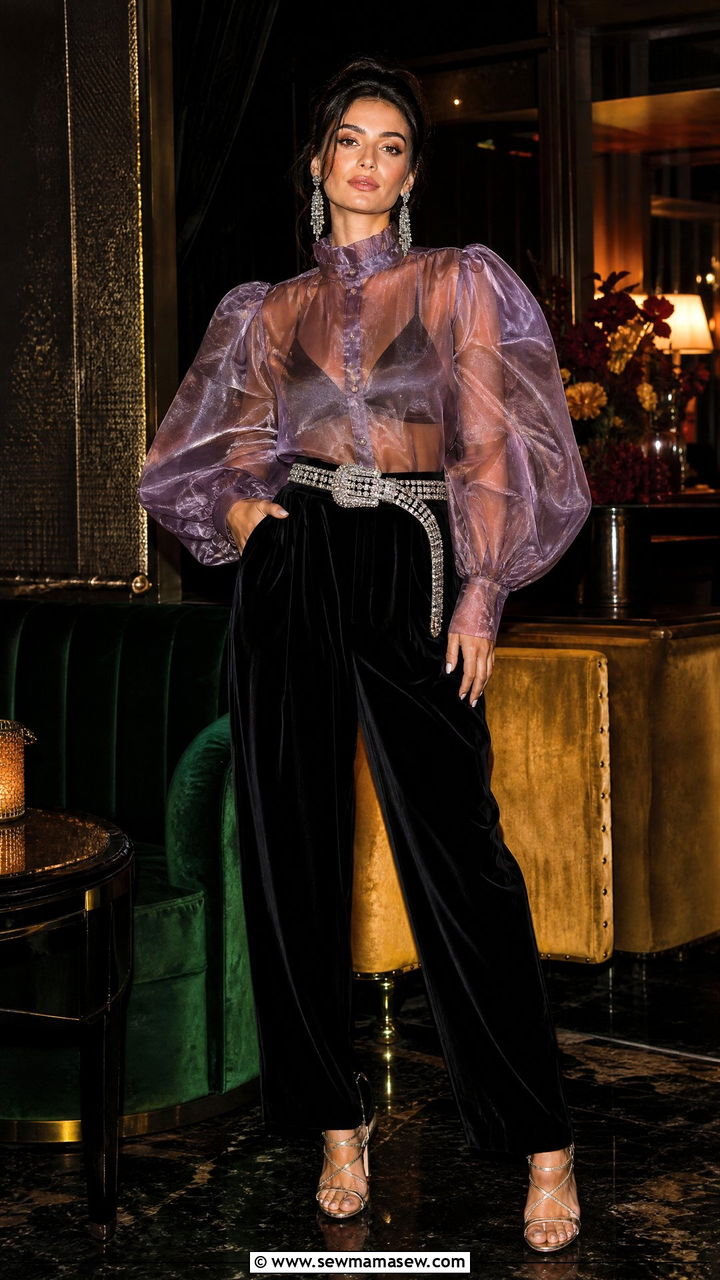 Sheer Blouse with Velvet Trousers and Crystal Belt Outfit - 35 maximalist outfits aesthetic
