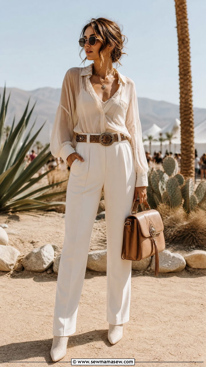 Sheer Button Down Blouse with Tailored Trousers and Statement Belt - 25 classy Coachella outfits