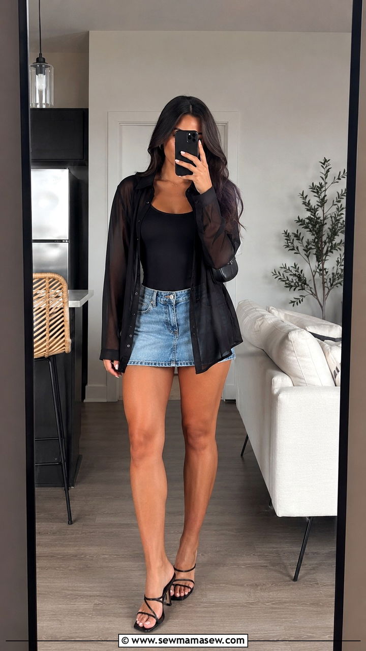 Sheer Button Down Layered Over Tank With Mini Skirt - 30 Mini skirt outfit ideas with a button down