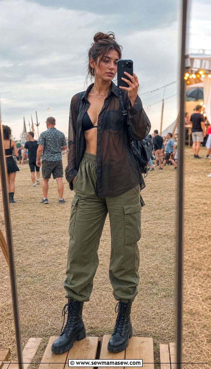 Sheer Button Down Over A Bralette And Cargo Pants - 35 casual festival outfits