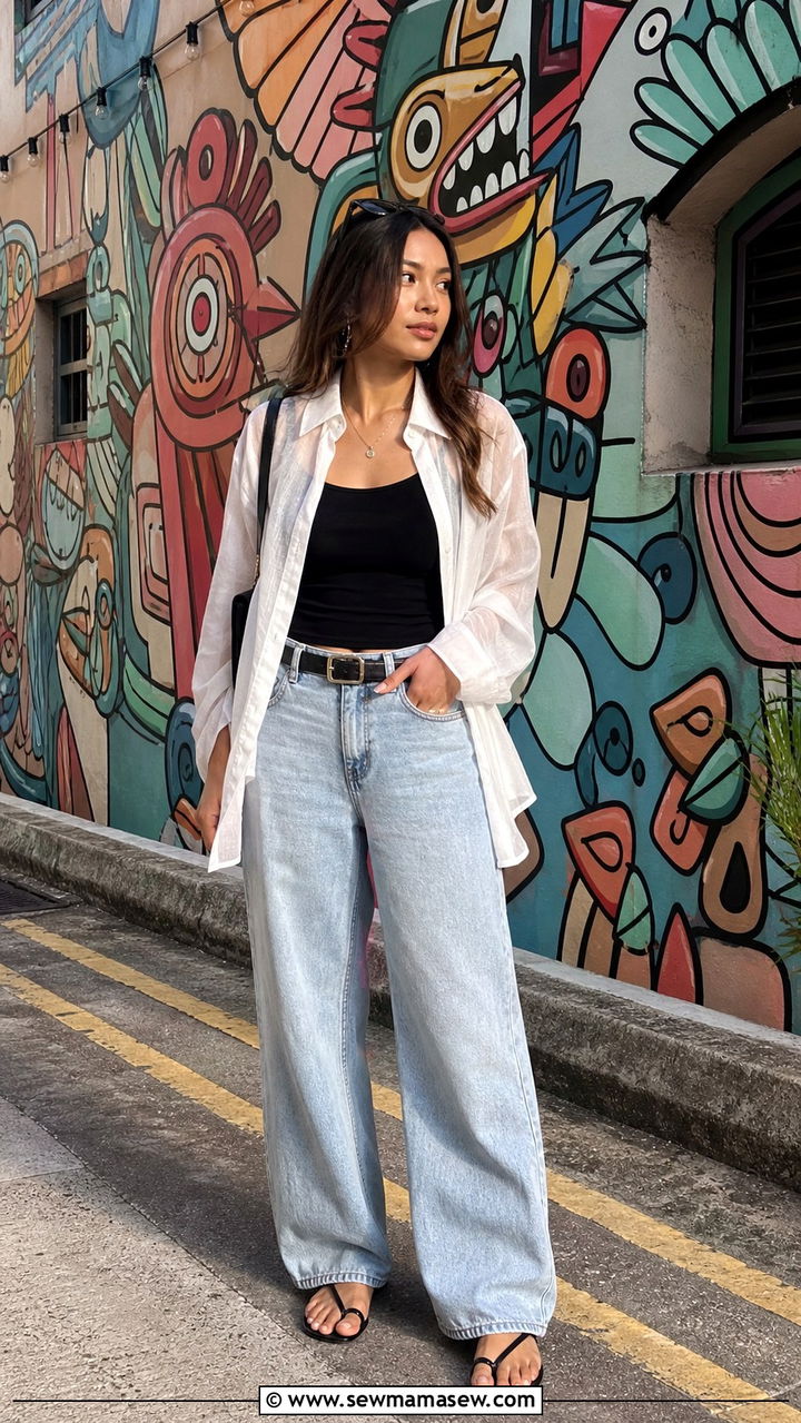Sheer Button Front Shirt Over a Camisole with Wide Leg Jeans - 40 What to wear in Singapore