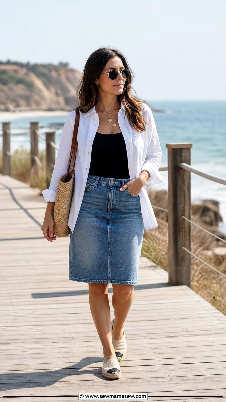 Sheer Button Up Over Bikini Top With Denim Skirt - 40 hot weather outfits