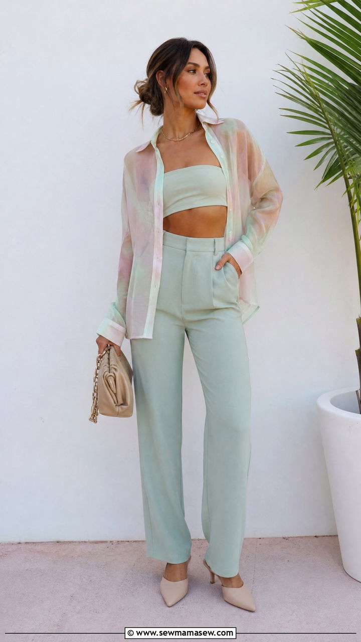Sheer Button Up Over a Bandeau and Trousers Miami Brunch Outfit - 35 Miami brunch outfit ideas