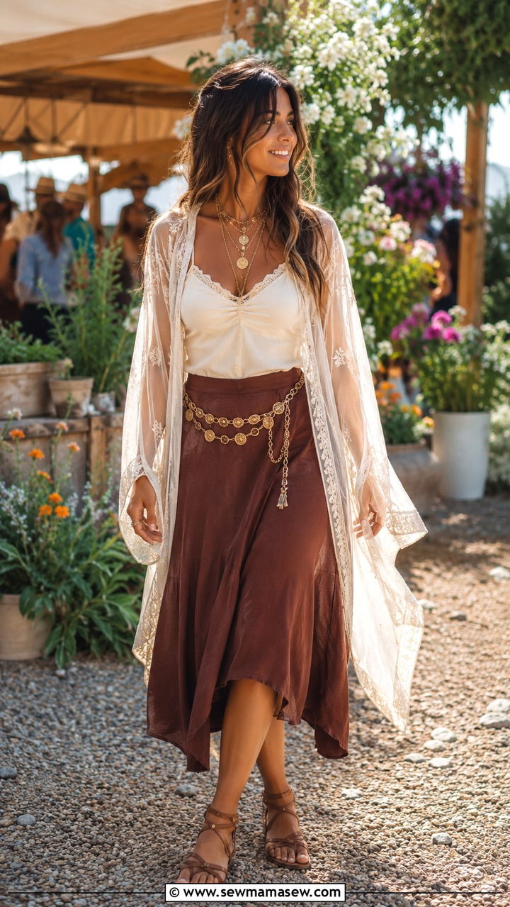 Sheer Cardigan and Brown Midi Skirt - 30 Boho outfit ideas for festival