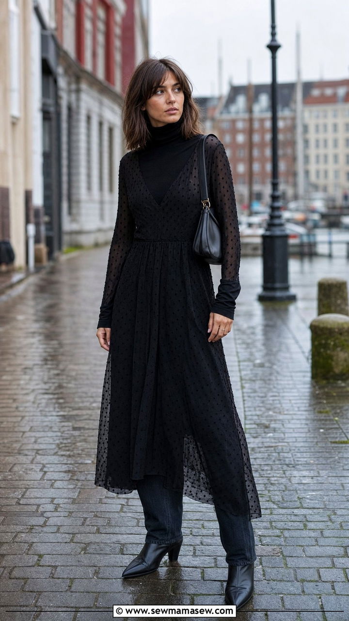 Sheer Dress Over Turtleneck and Jeans - 25 Copenhagen outfits inspo