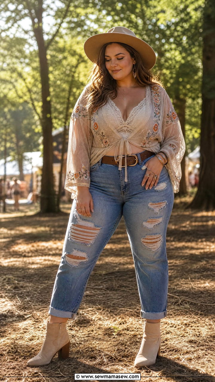 Sheer Embroidered Blouse With Distressed High Waist Jeans And Heeled Booties - 30 plus size music festival outfit ideas