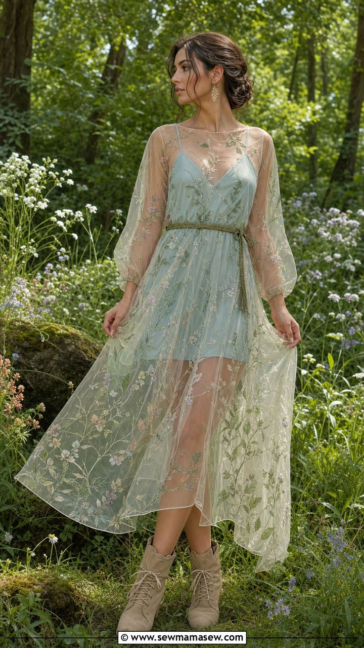 Sheer Embroidered Overlay Dress With Slip And Ankle Boots - 25 summer fairycore outfit ideas