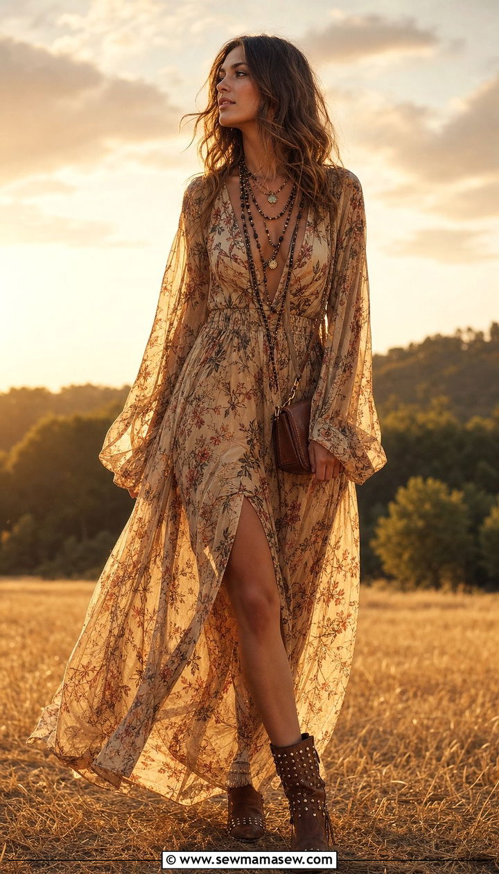 Sheer Floral Maxi Dress With Studded Leather Boots - 25 Sienna Miller boho outfit ideas