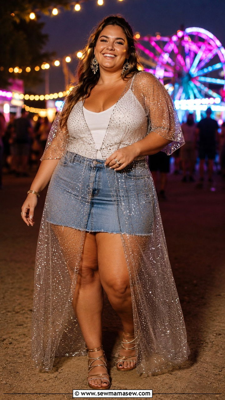 Sheer Glitter Overlay Dress Over Denim Mini Skirt And Tank - 30 Plus size outfit ideas for festival
