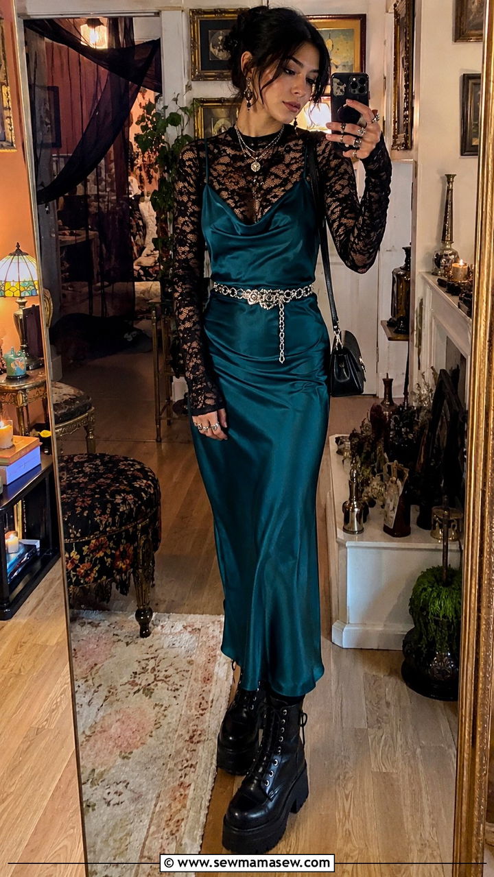 Sheer Lace Top Layered Under Slip Dress With Platform Boots - 30 maximalist outfits ideas