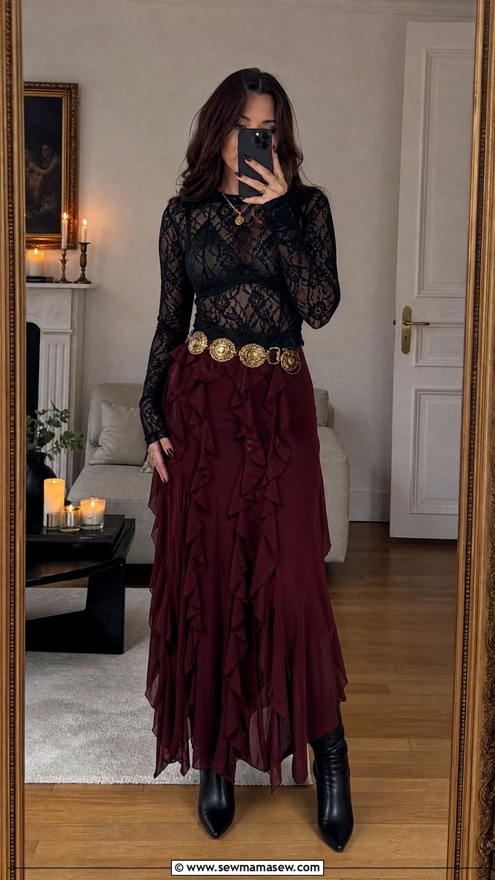 Sheer Lace Top With Burgundy Ruffled Maxi Skirt - 30 Dark romance outfit ideas