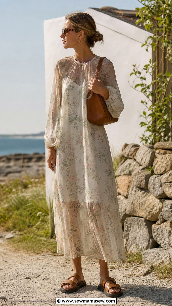 Sheer Layered Dress With Flat Chunky Sandals - 40 summer scandinavian outfits