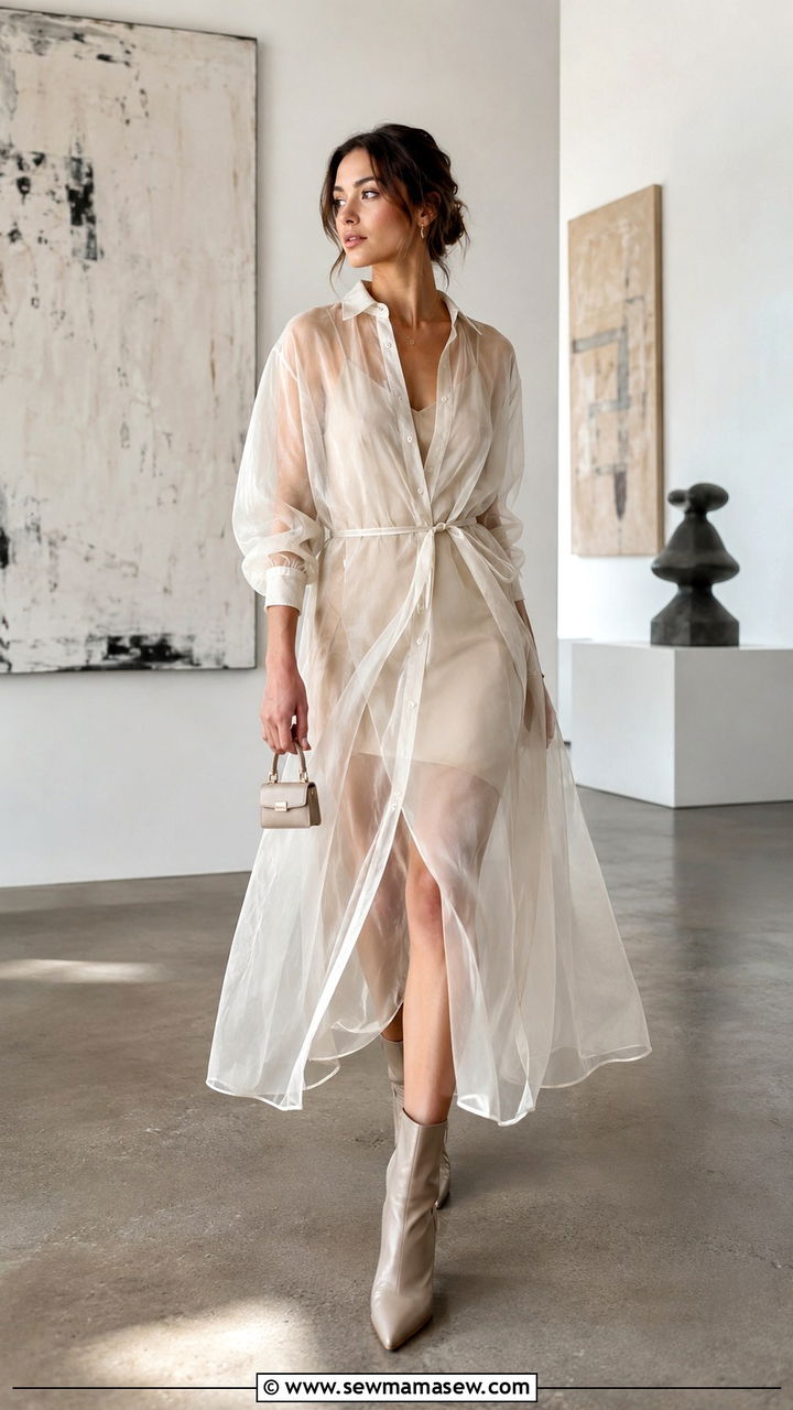 Sheer Layered Shirt Dress With Ankle Boots - 30 Spring outfits with shirt dresses