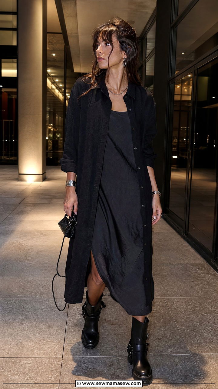 Sheer Layered Shirt Dress with Biker Boots - 25 spring shirt dress outfit ideas