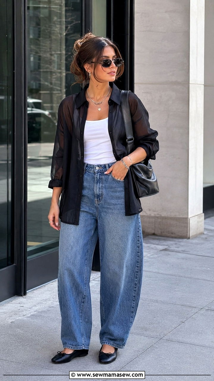 Sheer Layered Shirt Over a Tank With Barrel Jeans - 25 May outfit ideas