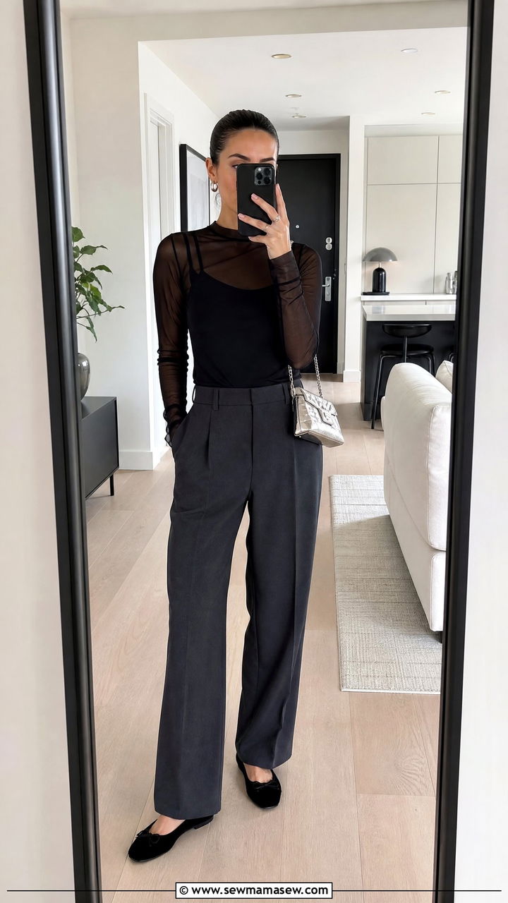 Sheer Layered Top over a Camisole with Tailored Trousers - 25 Fashion designer outfit ideas