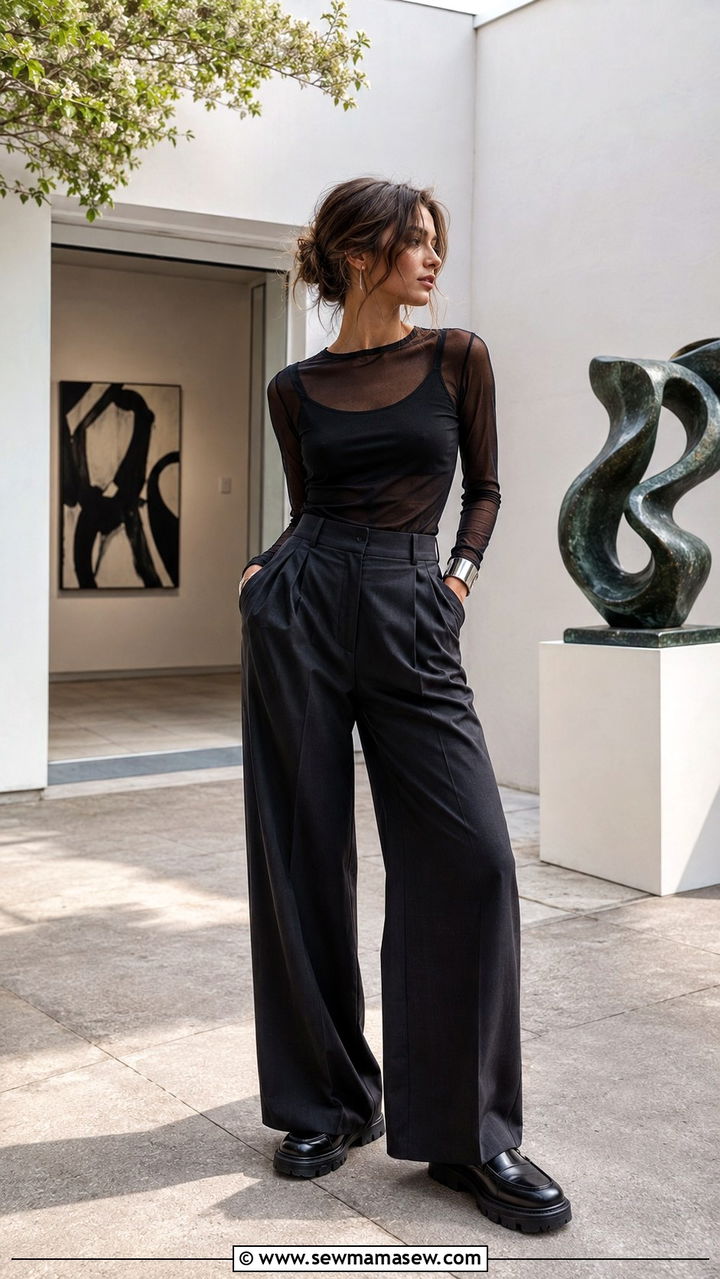 Sheer Layered Top with Wide Leg Trousers - 30 spring streetwear outfit ideas
