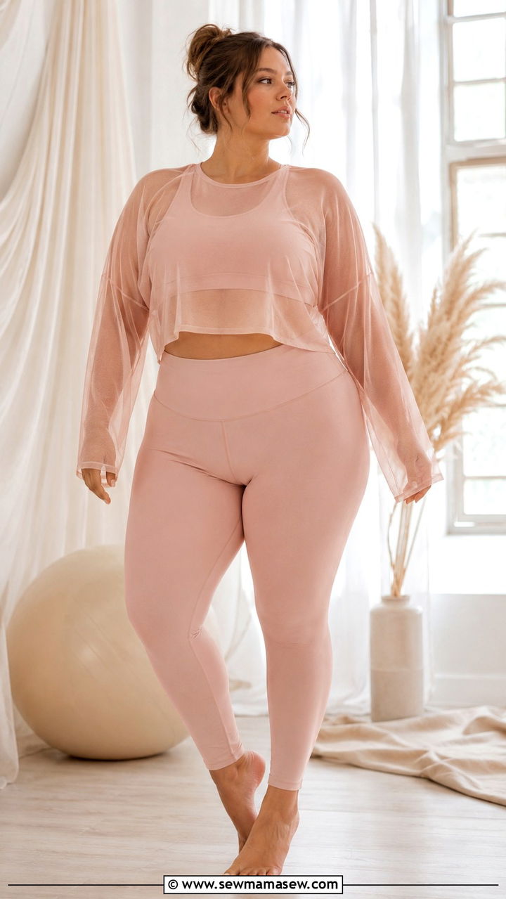 Sheer Layering Top Over Sports Bra - 30 Plus size pilates outfit ideas
