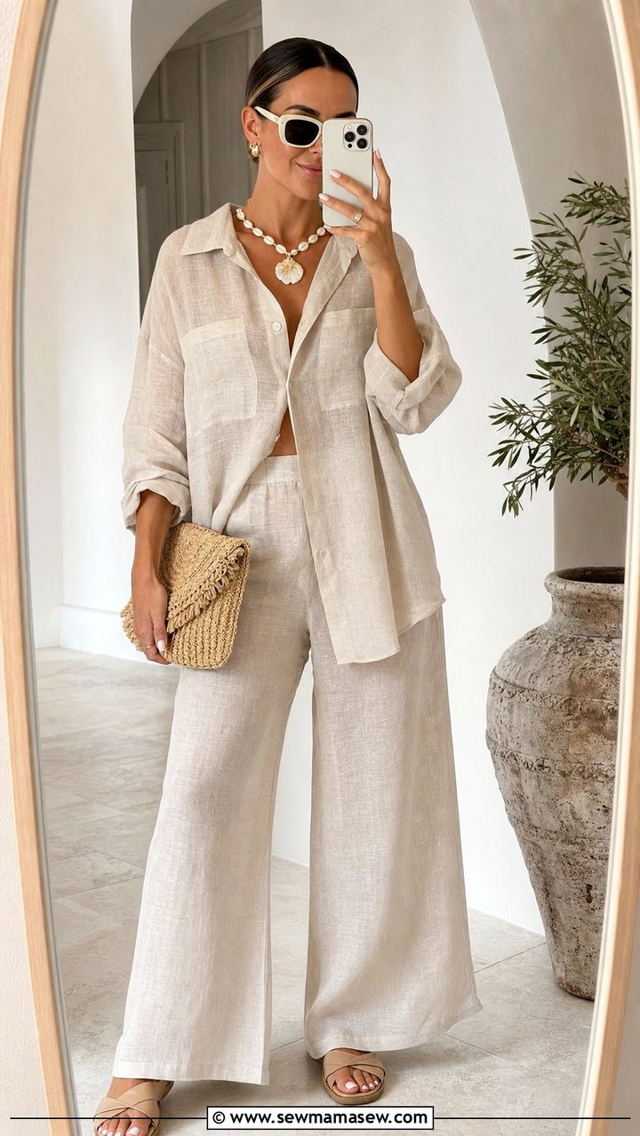 Sheer Linen CoOrd With Neutral Sandals And Shell Jewelry - 25 European summer outfits aesthetic