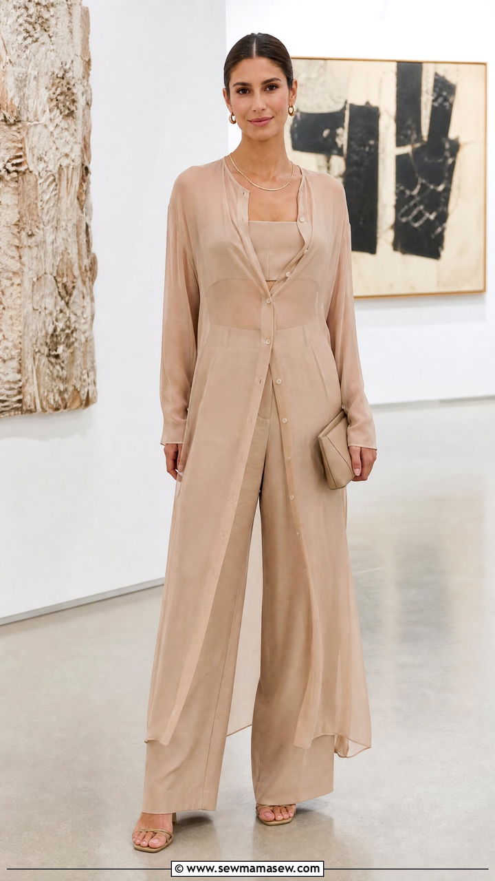 Sheer Maxi Dress Layered Over Tailored Wide Leg Pants - 30 summer elevated casual outfit ideas