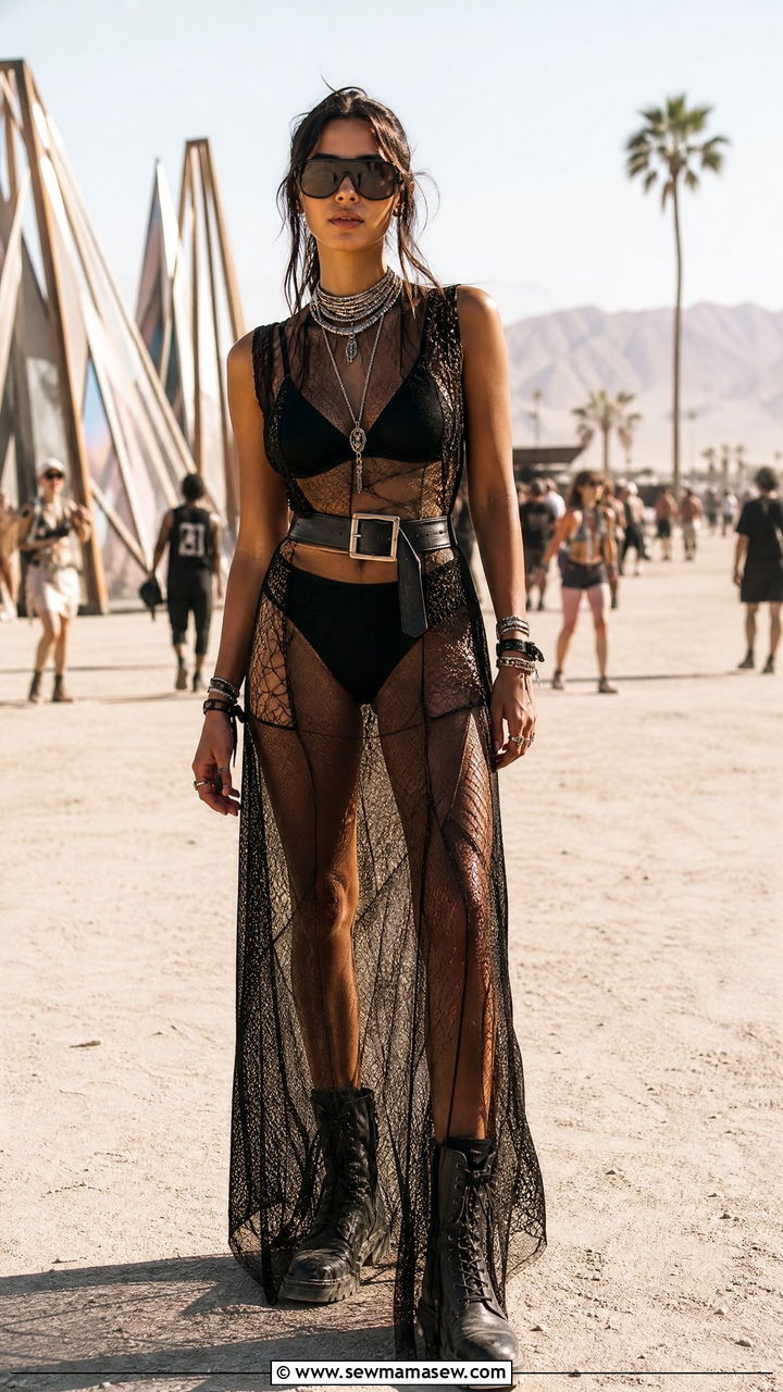 Sheer Maxi Dress With A Bralette And Combat Boots - 20 Coachella outfits 2026