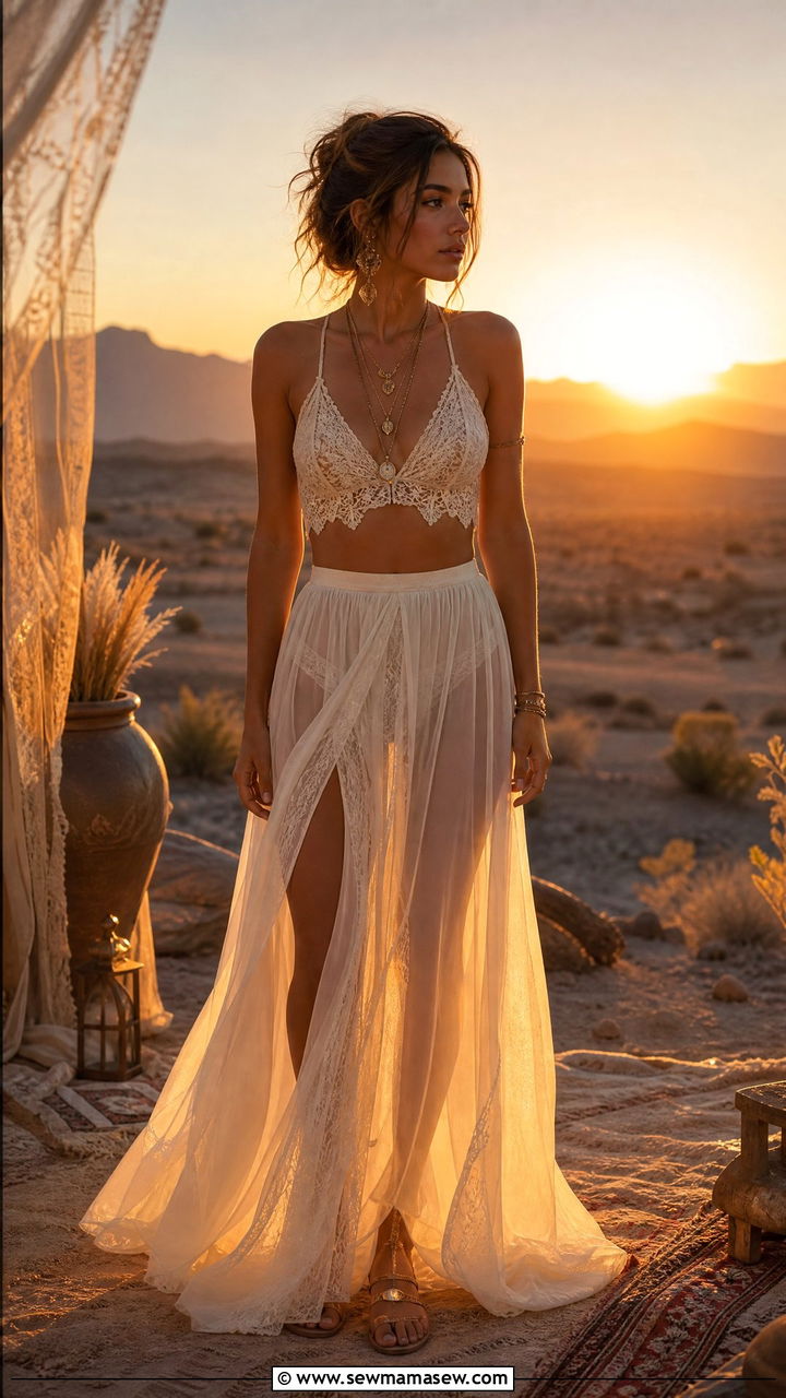 Sheer Maxi Skirt With A Lace Bralette And Layered Necklaces - 30 festival outfits Pinterest