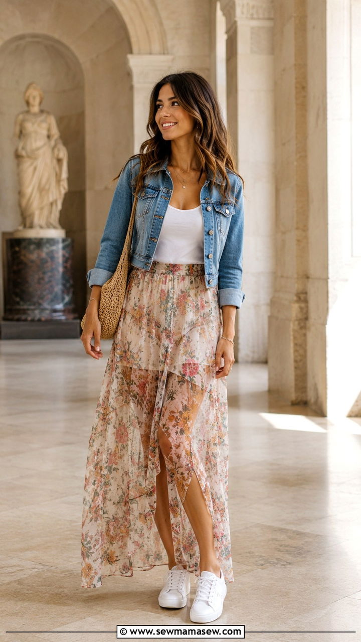 Sheer Maxi Skirt With Denim Jacket Boho Look - 20 Boho outfit ideas Free People style