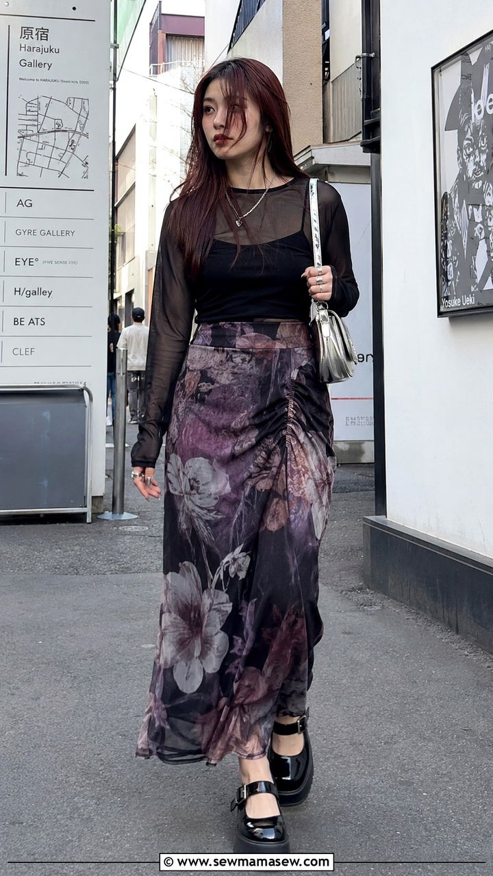 Sheer Mesh Layered Over Printed Skirt and Platform Shoes - 30 Tokyo outfit ideas