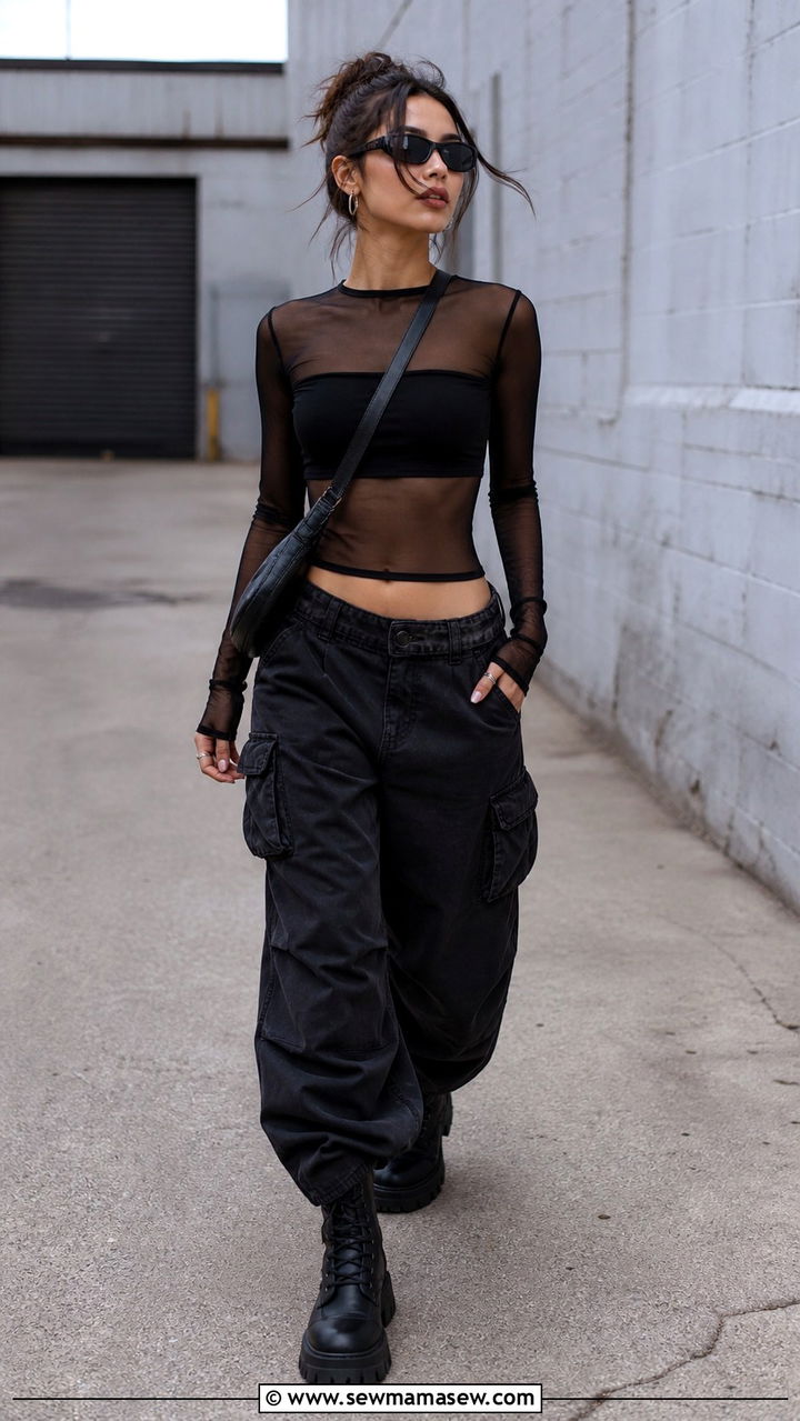 Sheer Mesh Long Sleeve Top and Wide Leg Cargo Pants - 40 Y2K outfit ideas