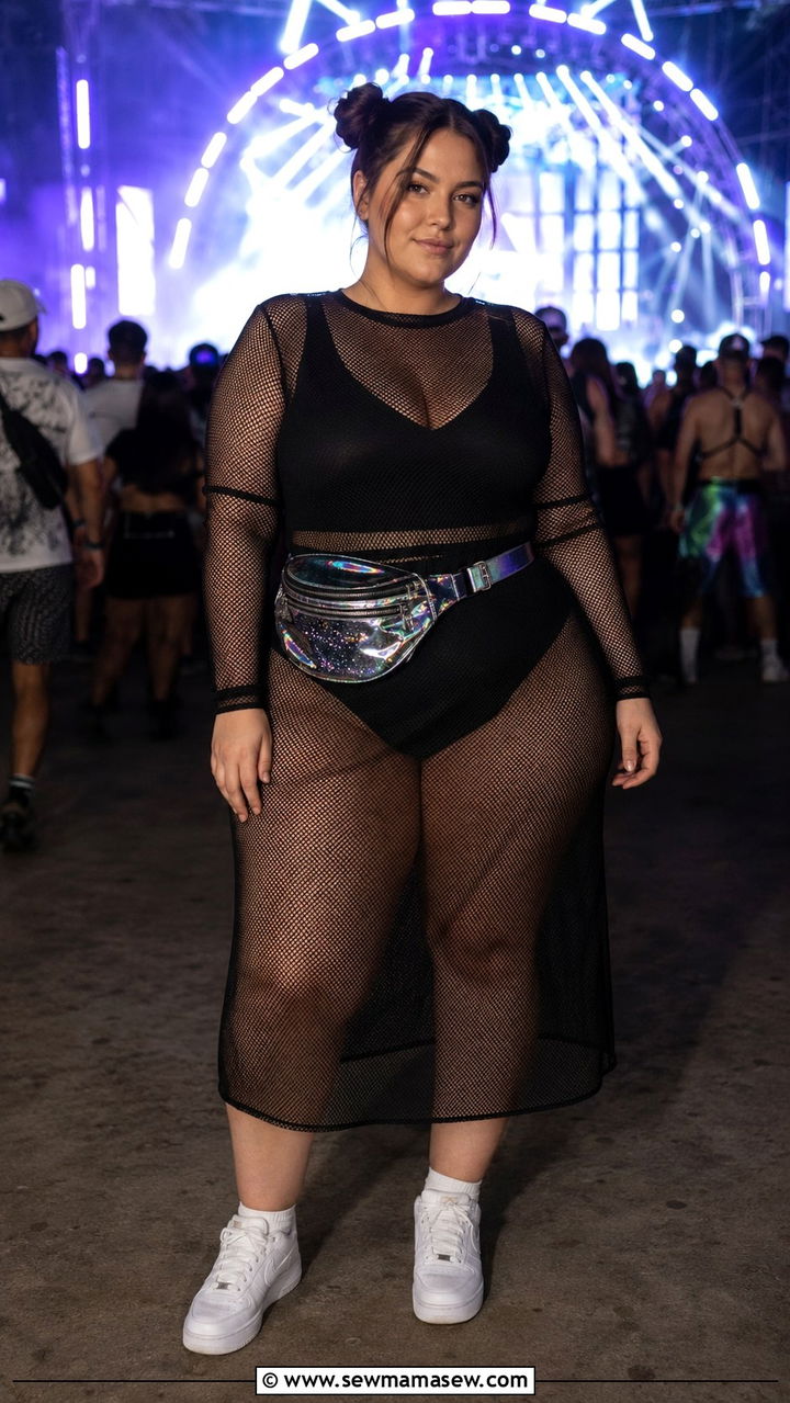 Sheer Mesh Overlay Dress With Bodysuit Underneath And Sneakers - 30 plus size music festival outfit ideas