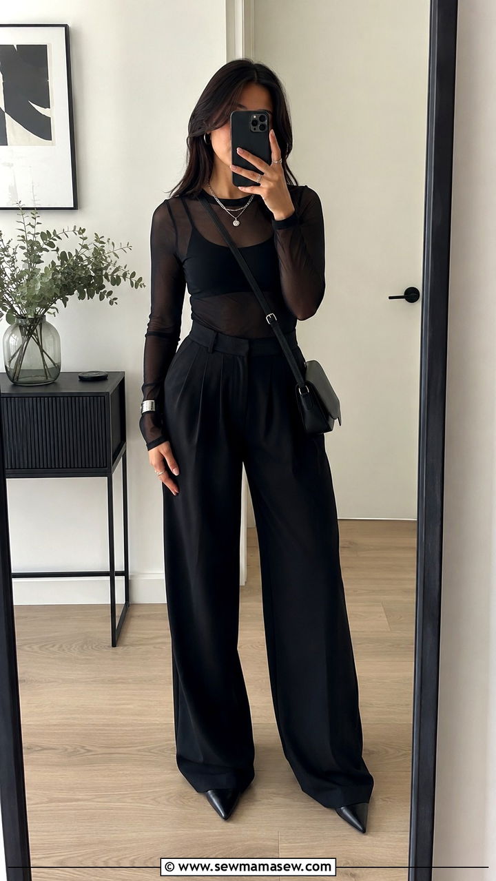 Sheer Mesh Top Layered Over Black Camisole - 30 Mysterious spring outfit ideas