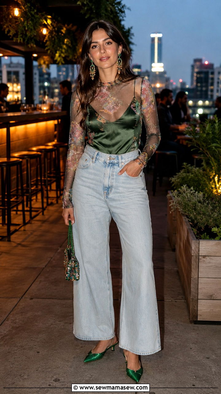 Sheer Mesh Top Over A Camisole With Wide Leg Jeans And Kitten Heels - 30 casual maximalist outfits