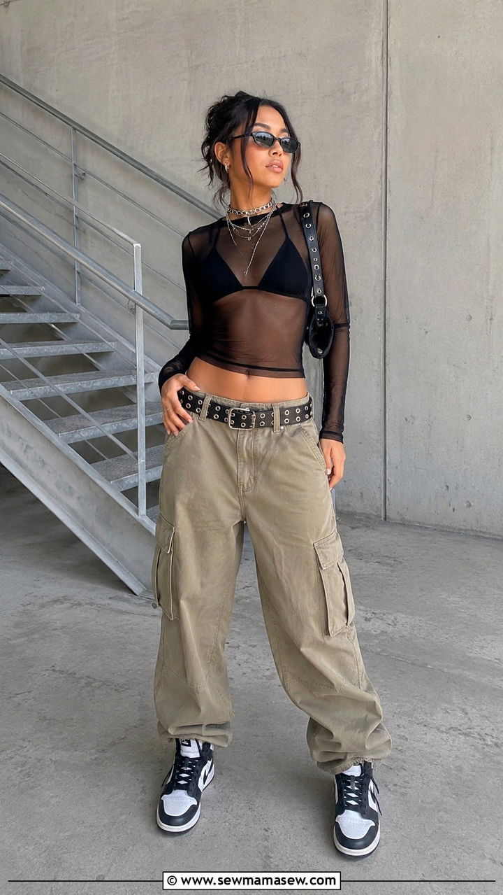 Sheer Mesh Top Over Bralette With Baggy Cargo Pants - 25 seasonal summer concert outfit ideas