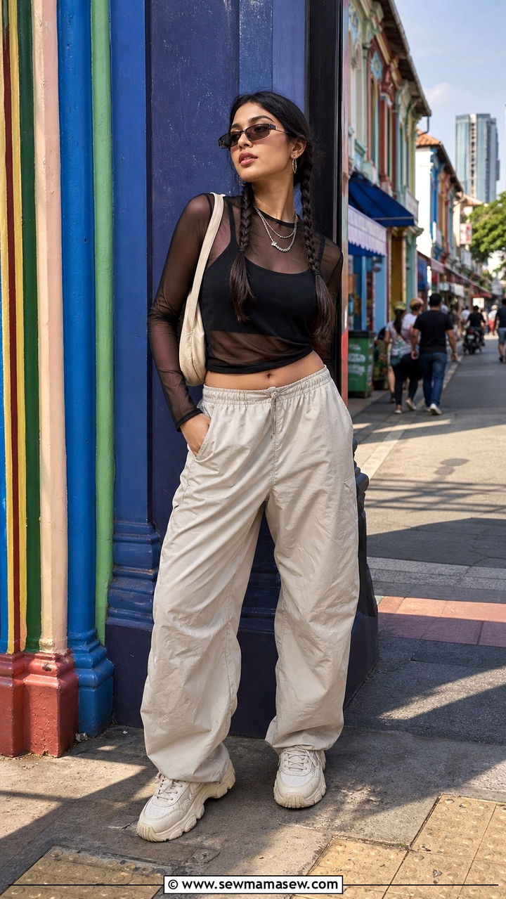 Sheer Mesh Top Over Tank Parachute Pants Sneakers - 40 Singapore outfit ideas