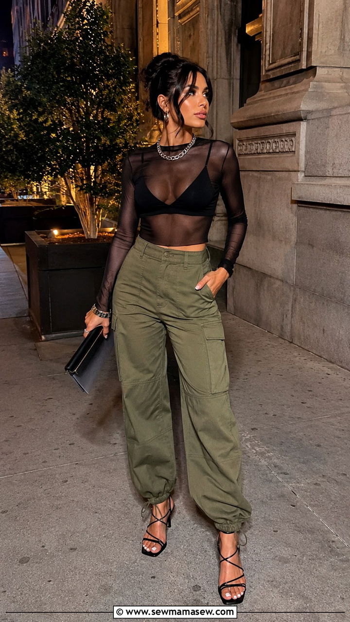 Sheer Mesh Top With Cargo Pants - 25 seasonal girls night out outfit ideas