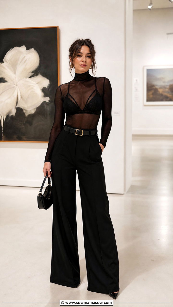 Sheer Mesh Top With High Waisted Wide Leg Pants - 30 Dark feminine outfit ideas