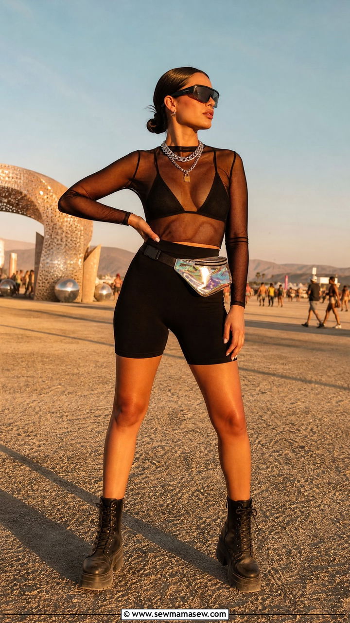 Sheer Mesh Top and Biker Shorts Festival Outfit - 30 Festival outfit ideas summer