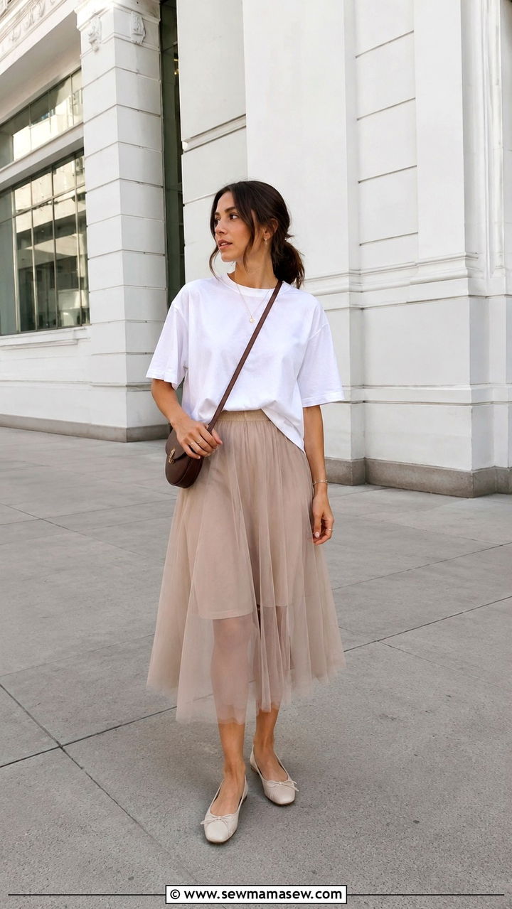 Sheer Midi Skirt With Oversized Tee And Ballet Flats - 30 Spring outfits with skirts