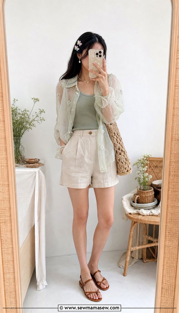 Sheer Organza Blouse With Ribbed Tank And Linen Shorts - 25 summer fairycore outfit ideas