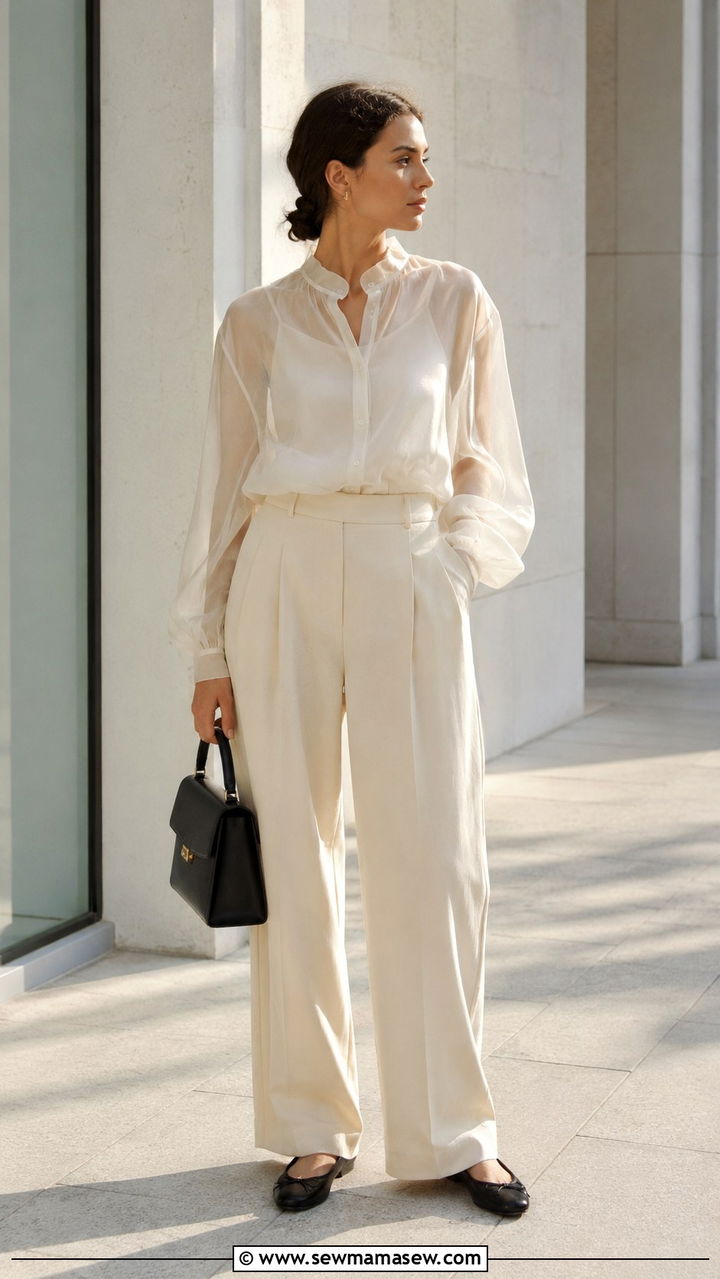 Sheer Organza Blouse With Wide Leg Trousers and Ballet Flats - 30 Late spring outfits