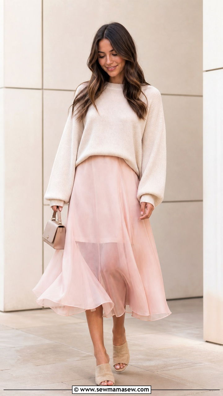 Sheer Organza Midi Skirt With An Oversized Knit Sweater And Mules - 40 Spring outfit ideas