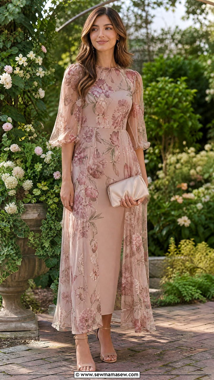 Sheer Overlay Dress with Nude Heels - 35 Garden wedding guest outfits
