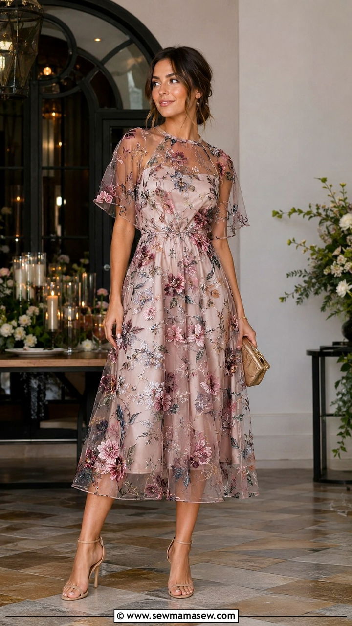 Sheer Overlay Midi Dress With Nude Heels - 30 Midi dress outfit ideas with heels