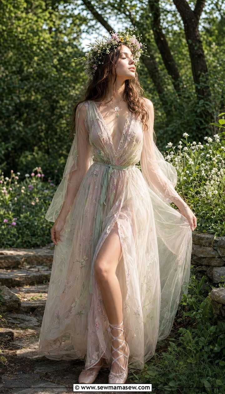 Sheer Pastel Maxi Dress With Lace Up Ballet Flats And Flower Crown - 35 aesthetic outfits for women