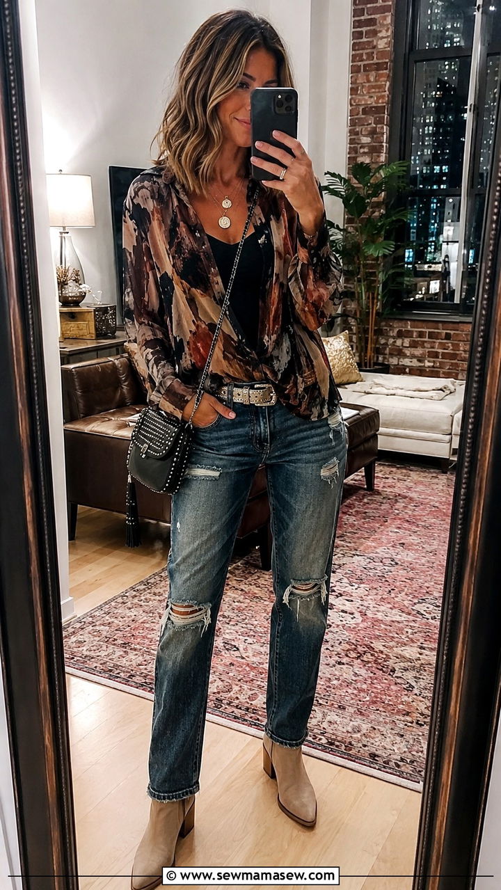 Sheer Printed Blouse With A Simple Cami And Distressed Jeans - 30 casual maximalist outfits