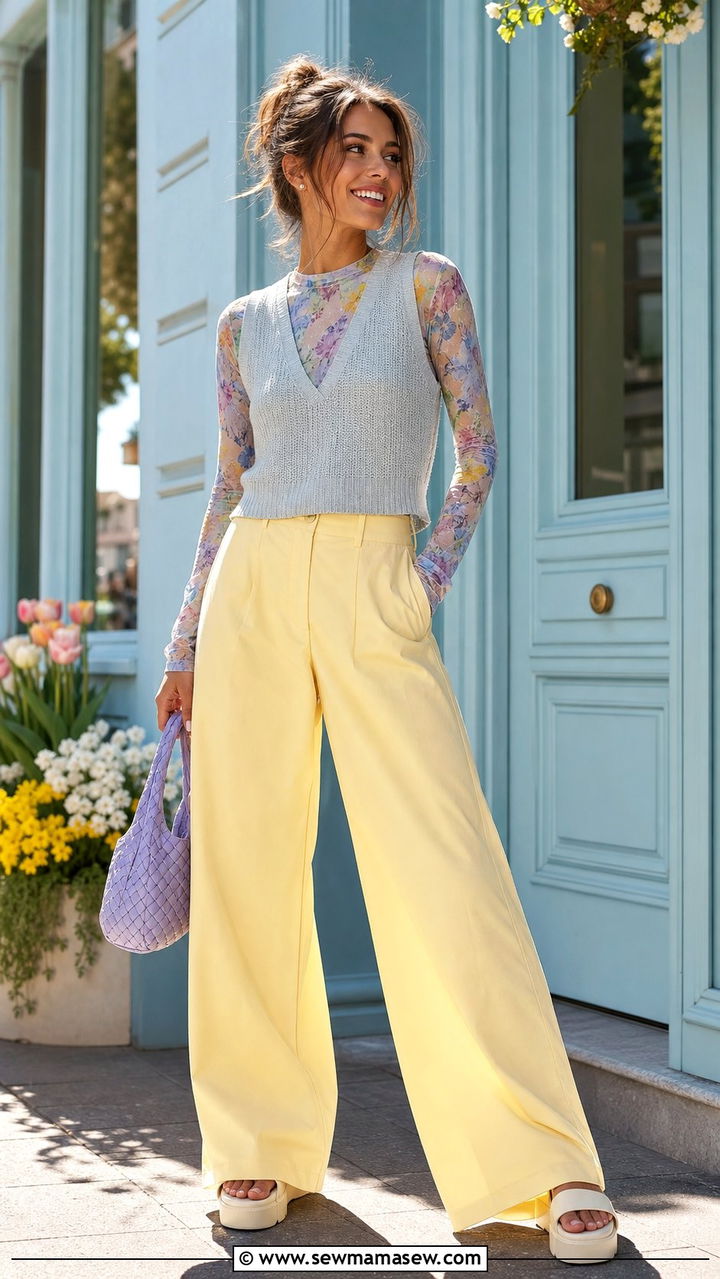 Sheer Printed Top With Vest And Pastel Trousers - 25 Emma Chamberlain spring outfit ideas