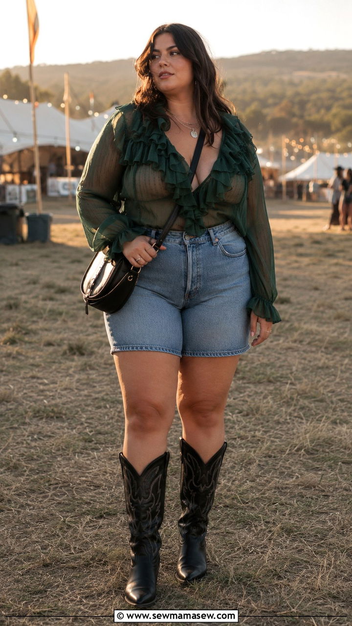 Sheer Ruffled Blouse With Denim Shorts And Cowboy Boots - 30 Plus size concert outfit ideas