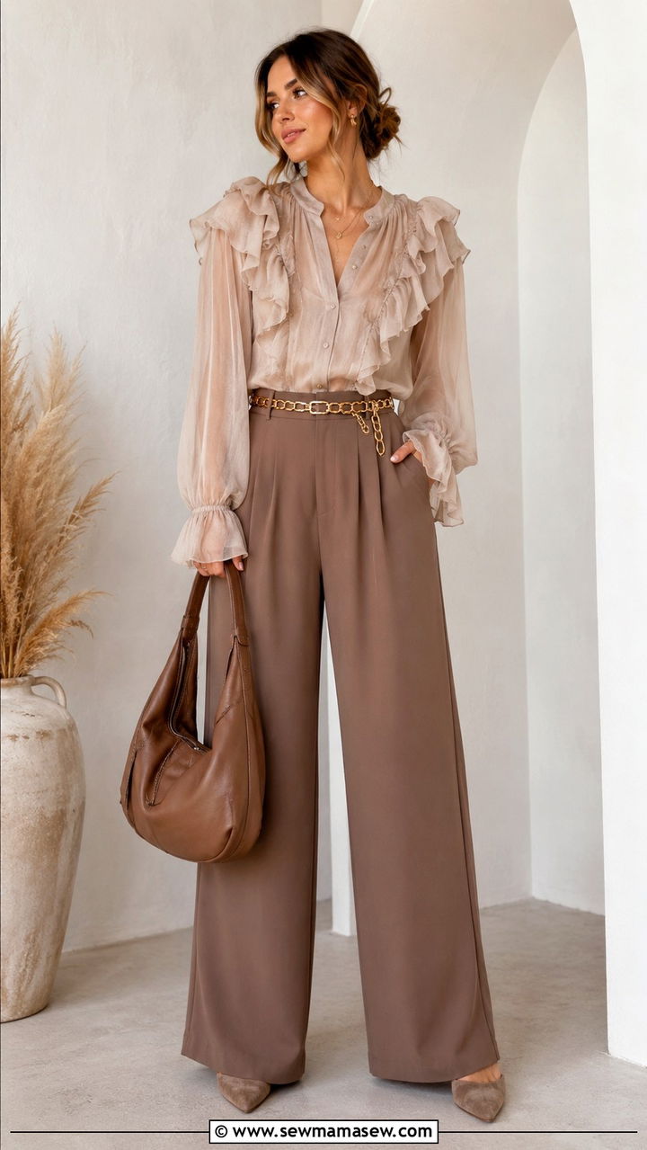Sheer Ruffled Blouse With Wide Leg Trousers And Slouchy Bag - 20 Boho outfit ideas Chloe runway style
