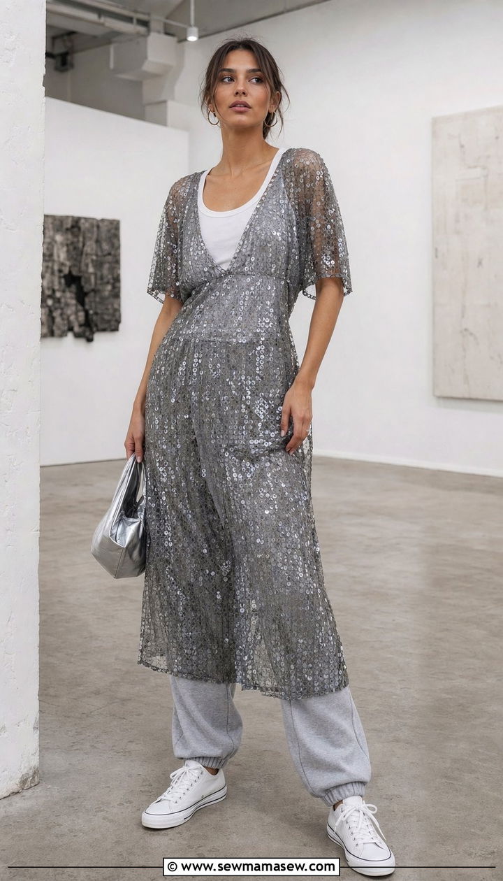 Sheer Sequin Dress Layered Over Joggers - 25 cute Copenhagen outfits
